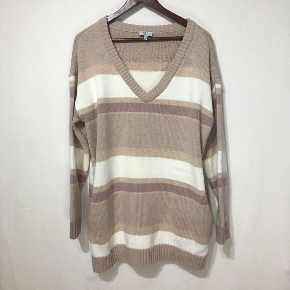 Tobi Beige/Tan Striped Knit V-Neck Sweater Dress With Pockets Sz S - Picture 5 of 16